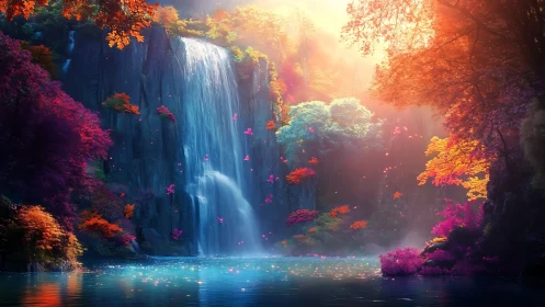 Enchanted waterfall glows amid vivid rainbow forest light