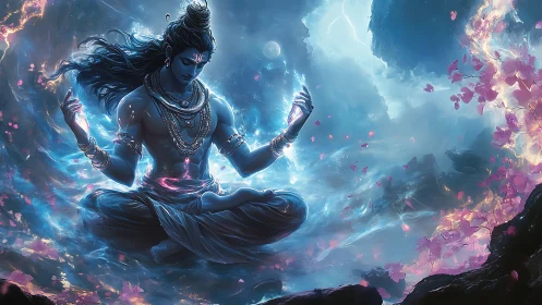 Divine blue deity in cosmic meditation under swirling petals.