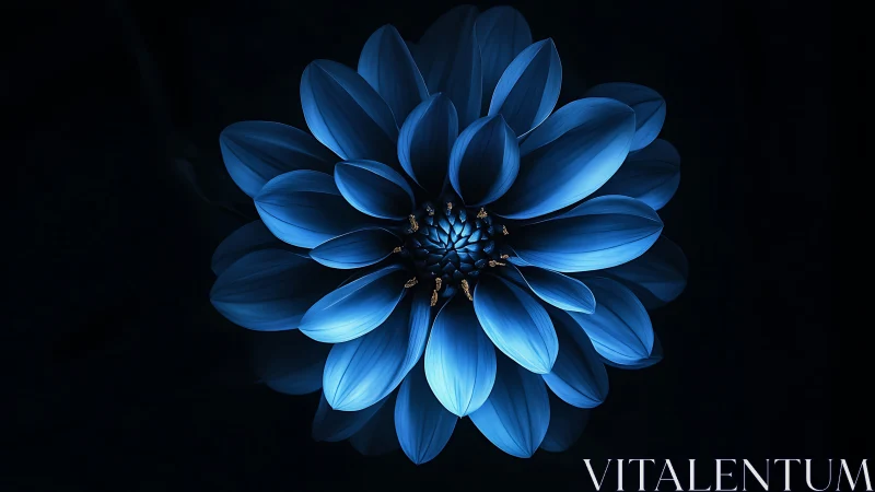 Luminescent Blue Dahlia Against Deep Black Background Illuminated.