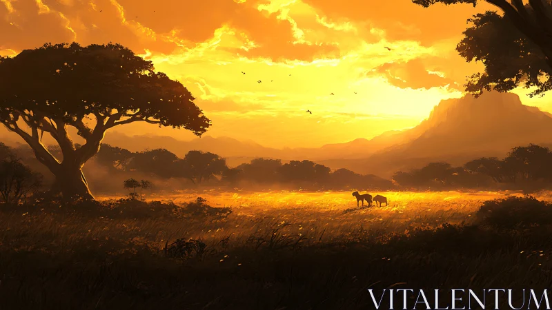 African Savanna Landscape at Golden Hour with Acacia Tree and Elephant Herd