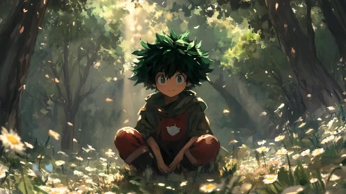 Forest-whispering child hero soaking in wildflower sunbeams.