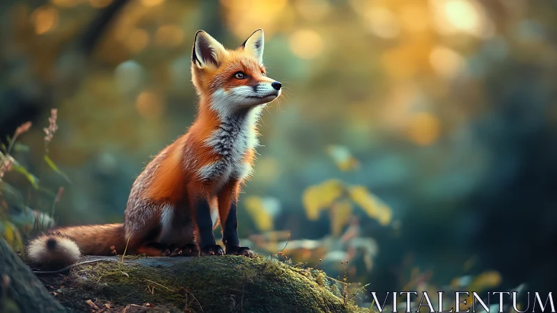 Red fox on forest rock amid soft out-of-focus foliage.