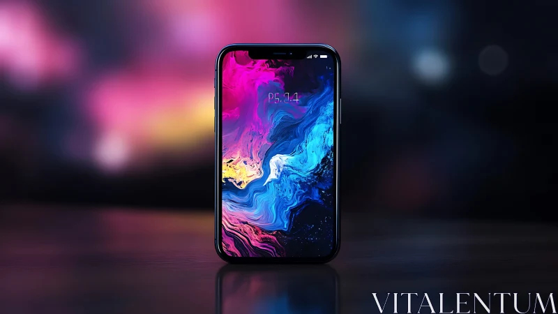 Smartphone displaying abstract fluid gradient wallpaper composition