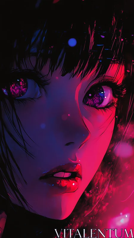 Close-up anime girl portrait in neon pink and blue lighting