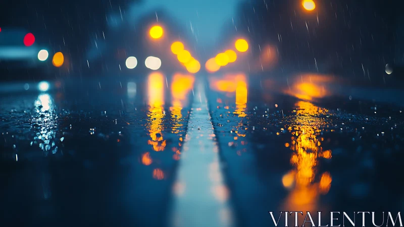 Wet roadway surface reflects defocused streetlights at night