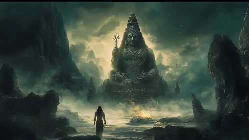 Colossal trident-bearing deity amid mist-laden basalt ravines.
