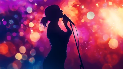 Silhouetted vocalist against high-saturation bokeh spectrum.