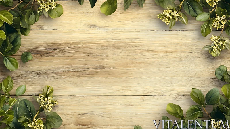 Wooden boards form a central field bordered by green leaves