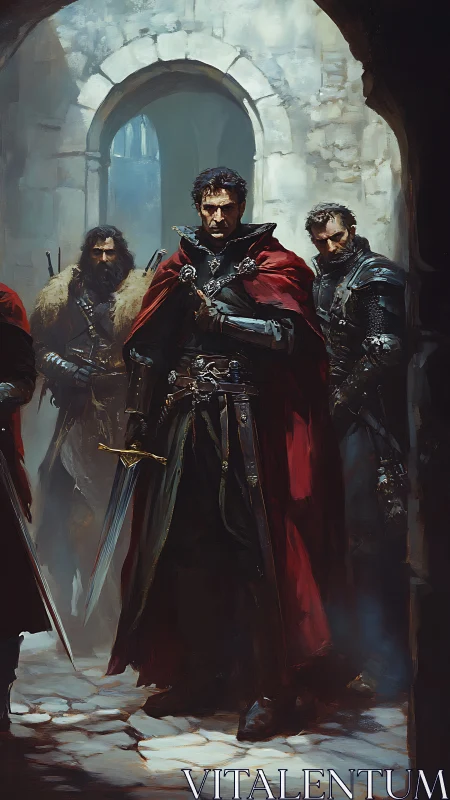 Armored captains advance through arched stone gateway in chiaroscuro