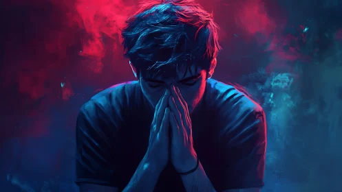 Digital painting of contemplative figure in neon chiaroscuro.