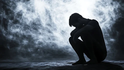 Quiet figure in shadowed light holding space for heavy feelings.