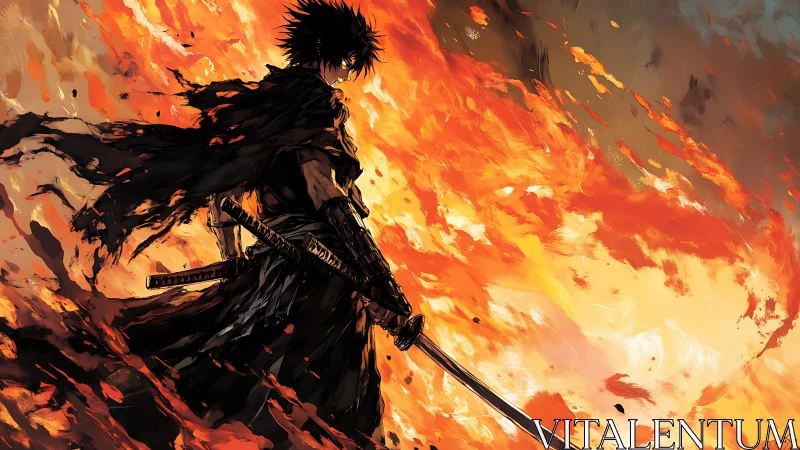 Backlit swordsman silhouette cuts through painterly inferno field