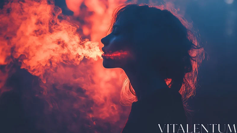 Crimson vapor drifts from a calm silhouette in neon haze