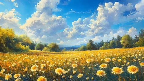 Golden daisy meadow stretches beneath towering summer clouds