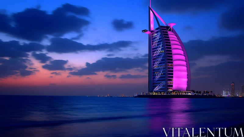 Iconic sail-shaped Dubai tower glows in vivid twilight.
