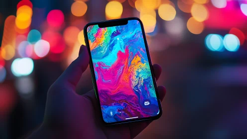 Smartphone display glows with neon abstract gradient bokeh.