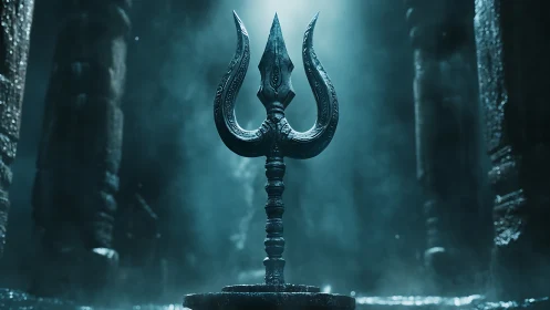 Bronze trident idol in misty teal-lit stone sanctuary.