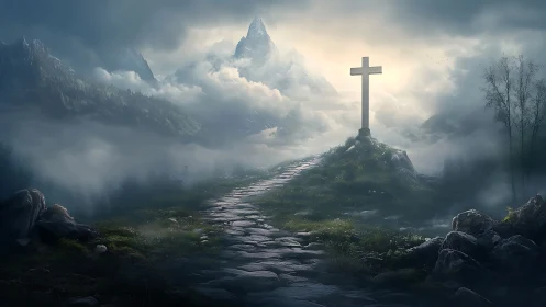 Stone path leading to solitary cross in misty mountains.