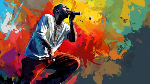 Digital portrait of singer with colorful abstract backdrop.