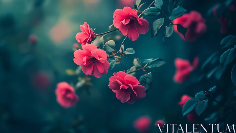 Vibrant Pink Roses Against Deep Teal Garden Foliage