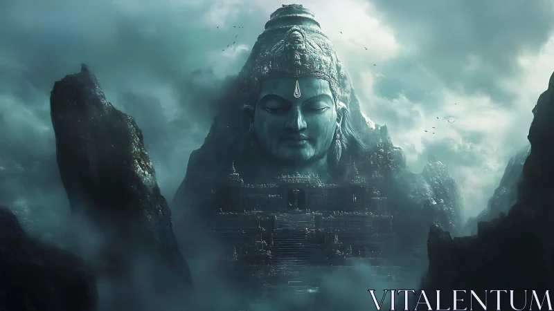 Colossal stone deity fused with mountainous temple complex in fog