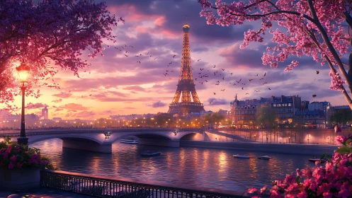 Blossomed twilight over Paris bridges and a glowing tower.