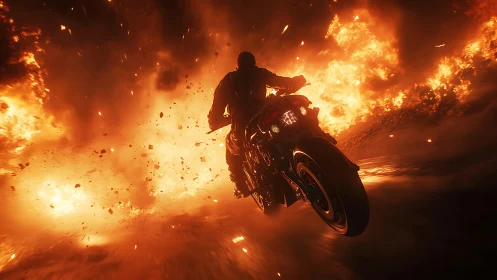 Motorcyclist moving through large explosion and fire cloud.