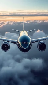 Jetliner greeting sunrise skies above soft cloud seas.