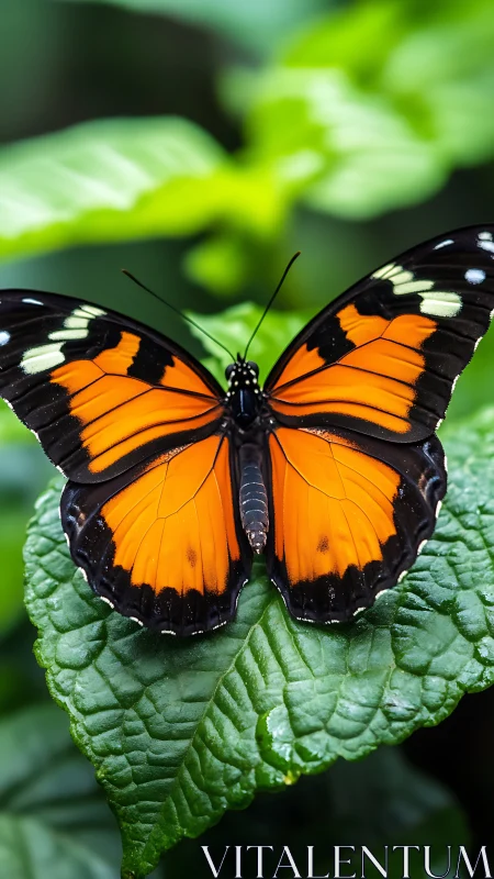 Orange and black butterfly resting on textured leaf.