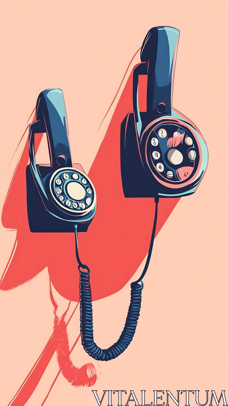 Twin rotary phones trading secrets in coral shadowplay.