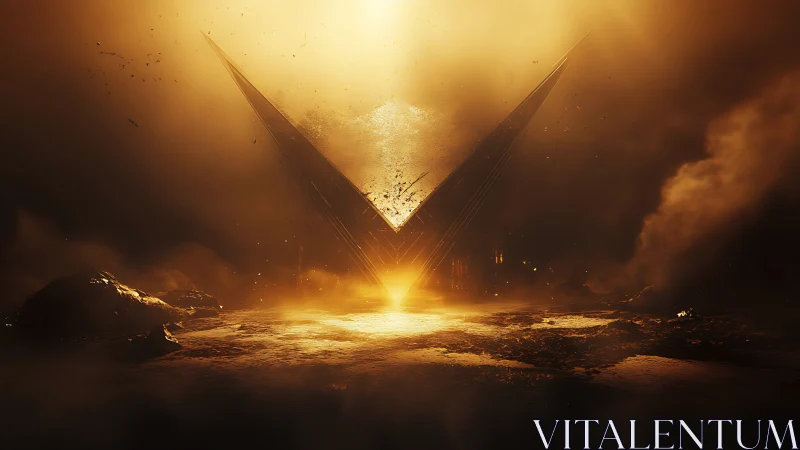 Volcanic convergence of luminous V-structure in auric haze.