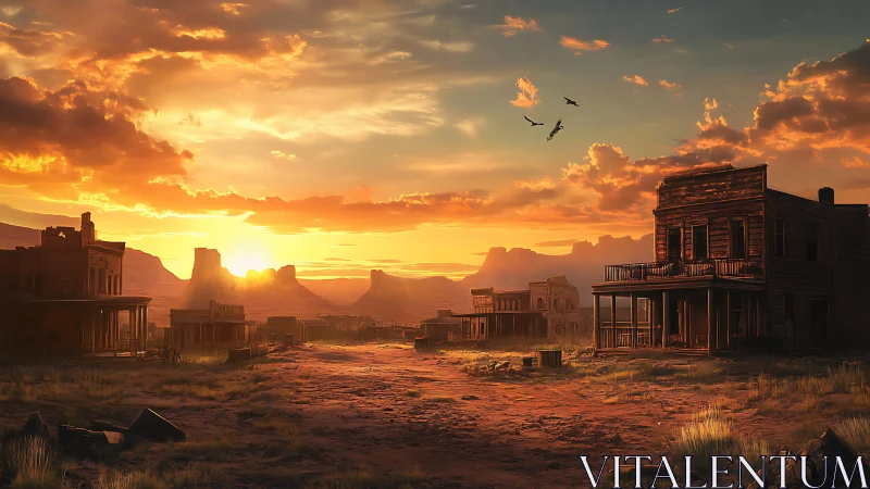 Abandoned western town glows under a dramatic desert sunset
