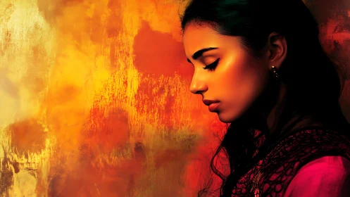 Profile of a contemplative woman against vivid orange glow.