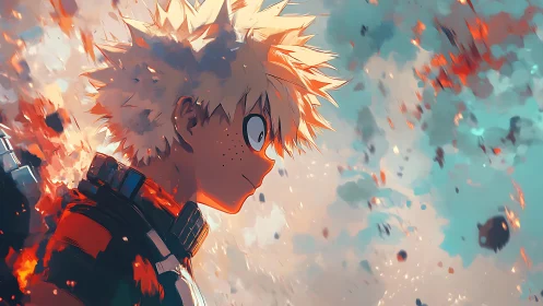 Blond anime hero stalks through ember storms of resolve.