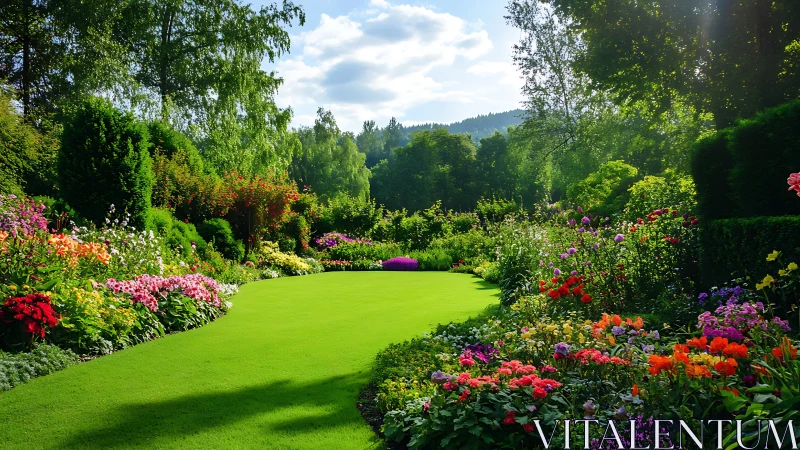 Curved lawn framed by densely layered mixed herbaceous borders in sun