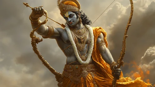 Mythic archer in dynamic, gold-saturated digital rendering.