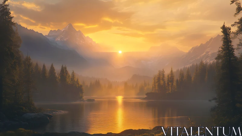 Golden hour alpine lake with volumetric haze and backlit conifers