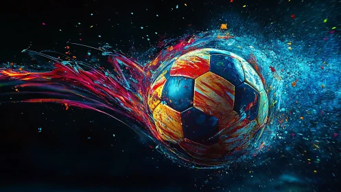 Chromatic Soccer Comet Exploding Through Midnight Paintstorm.