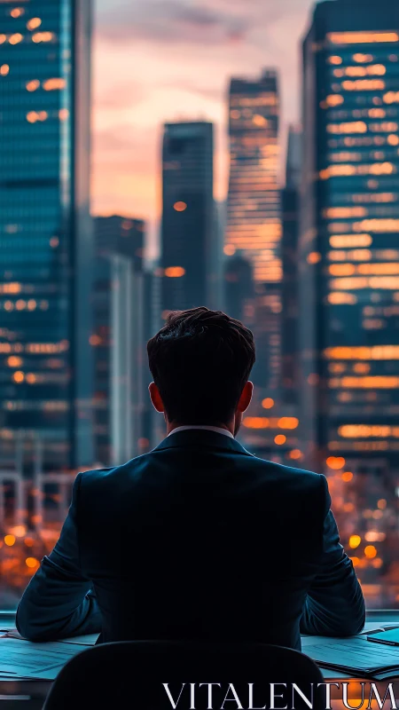 Professional silhouette overlooking illuminated urban skyline at dusk.