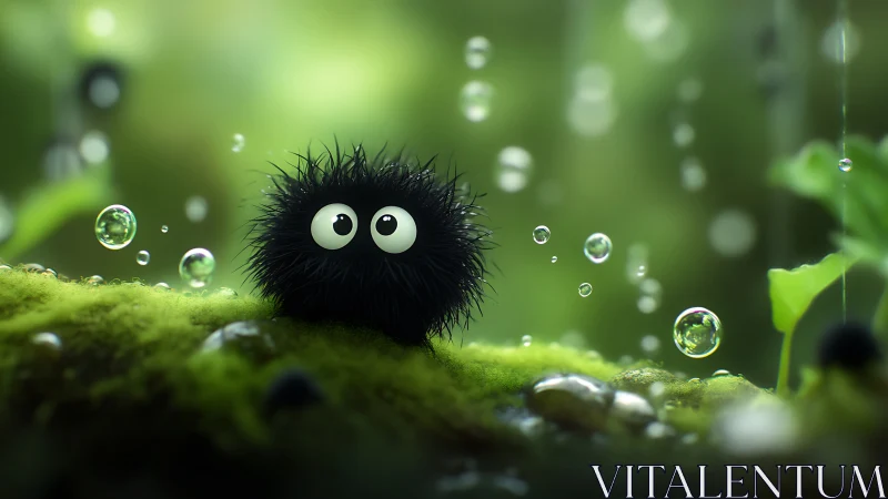 Small black fuzzy creature sits on moss amid suspended droplets