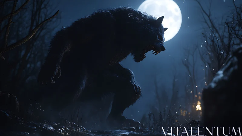 Moonlit werewolf pauses in a tense, shadowy forest moment