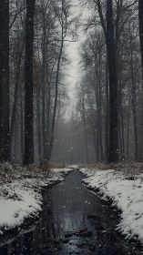 Winter Forest Stream: Snowfall Through Bare Tree Corridor