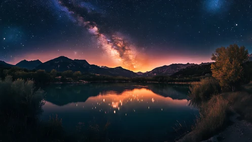 Starlit mountain lake glowing beneath a dreamy Milky Way.
