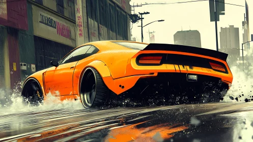 Roaring orange muscle car carves speed through rainy streets