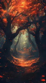 Autumn Forest Path with Glowing Trees and Falling Leaves