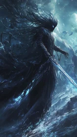 Armored shadow warrior stands over stormy, glowing sea