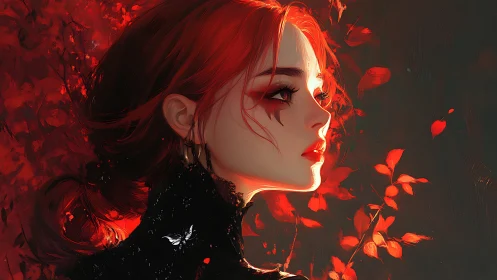 Red haired woman in profile surrounded by vivid scarlet leaves
