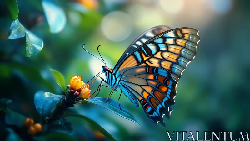 Iridescent butterfly on flowers in soft garden light.
