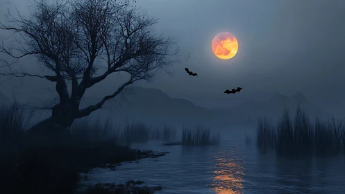 Blood moon over mist-laden marsh with silhouetted bats.