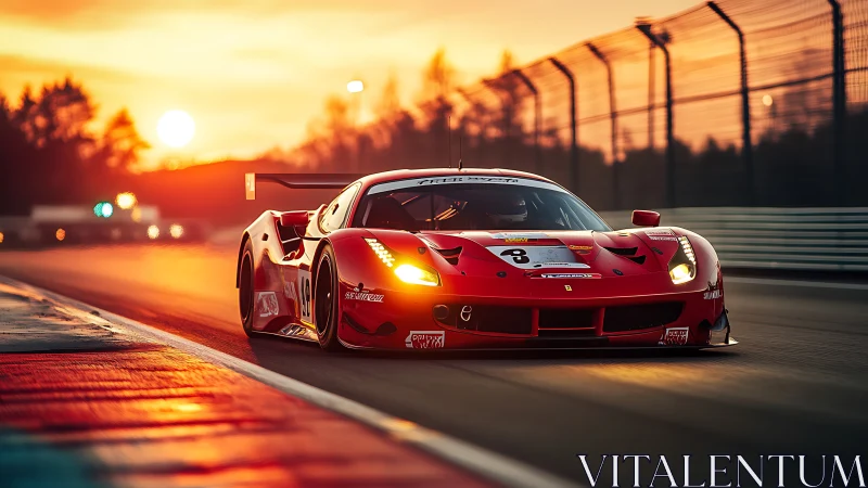 Red endurance race car speeding on track at sunset.